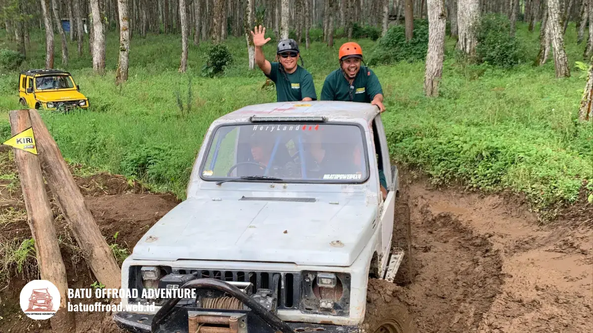 Contoh pakaian yang disarankan untuk offroad (jaket, sepatu outdoor, buff)
